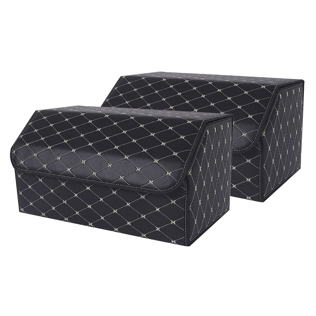 NNEAGS 2X Leather Car Boot Collapsible Foldable Trunk Cargo Organizer Portable Storage Box Black/Gold Stitch Large