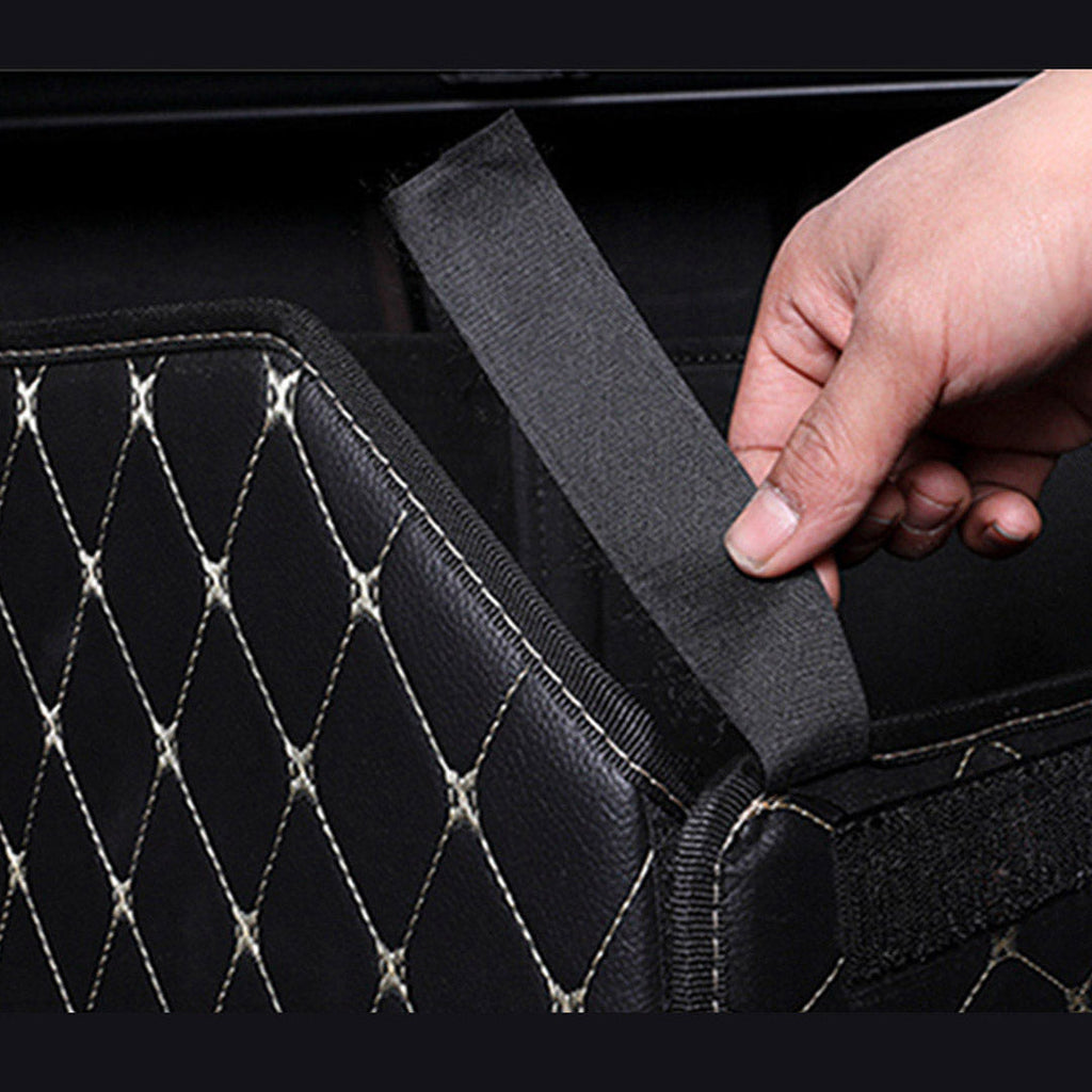 NNEAGS 2X Leather Car Boot Collapsible Foldable Trunk Cargo Organizer Portable Storage Box Black/Gold Stitch Large