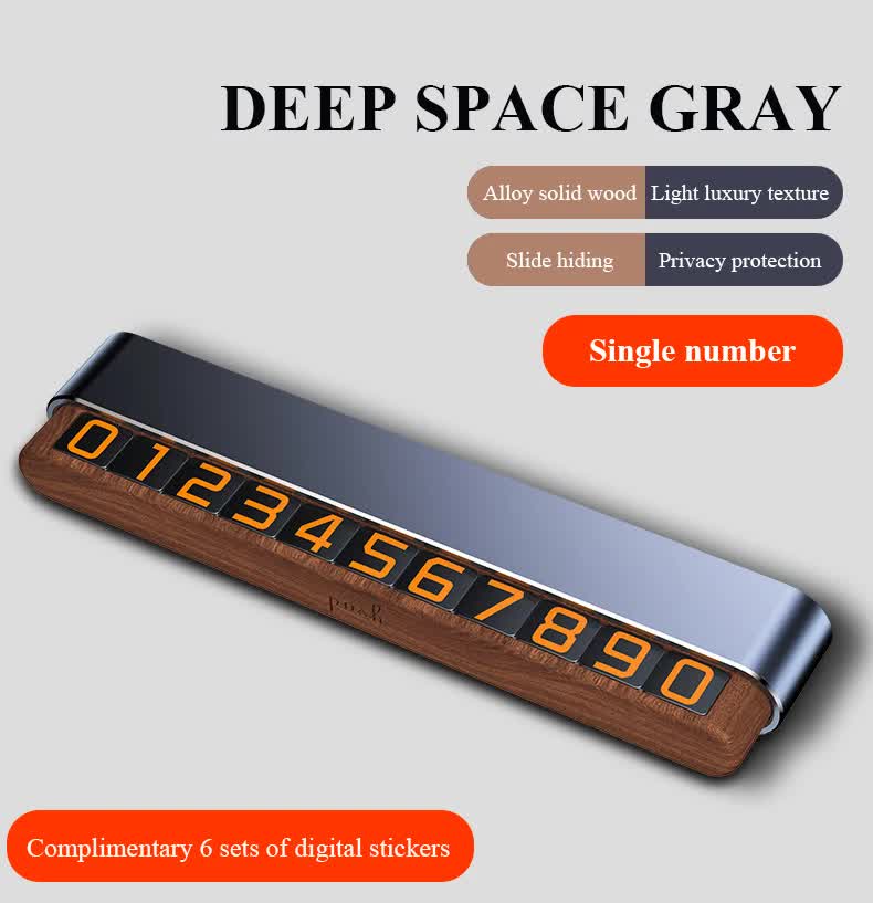 NNEDSZ Gray Premium Alloy and Wood Temporary Parking Card - Sliding Design for Privacy, Includes 6 Number Sets